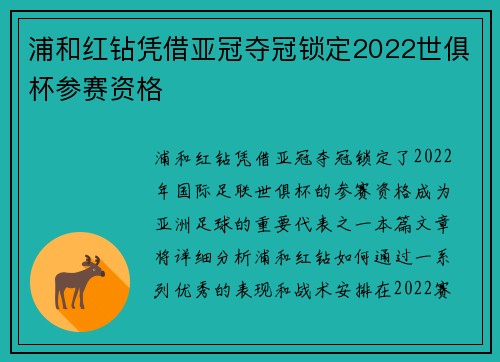 浦和红钻凭借亚冠夺冠锁定2022世俱杯参赛资格