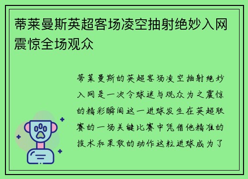 蒂莱曼斯英超客场凌空抽射绝妙入网震惊全场观众